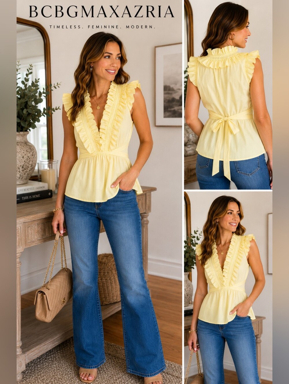 BCBGMAXAZRIA Yellow Ruffle Sleeveless Tie Back Blouse Top Size Medium